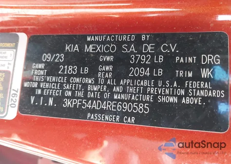 2024 Kia Forte Gt-Line из США, поврежденный, VIN 3KPF54AD4RE690585